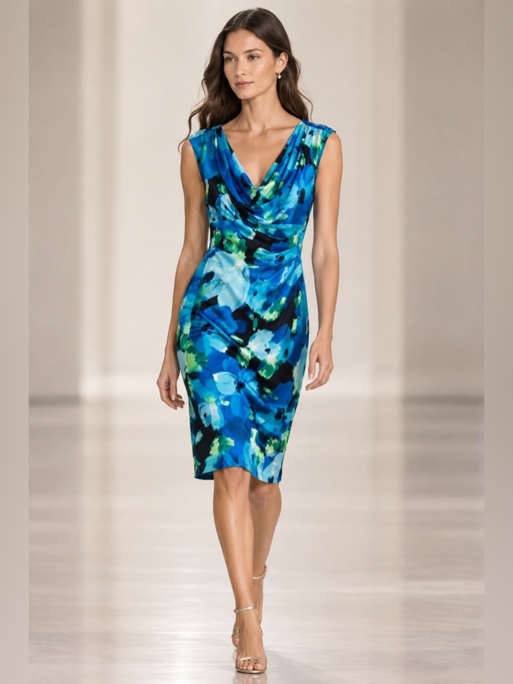 Lauren Ralph Lauren Blue Floral Cowl Neck Sheath Dress Size 4, small
